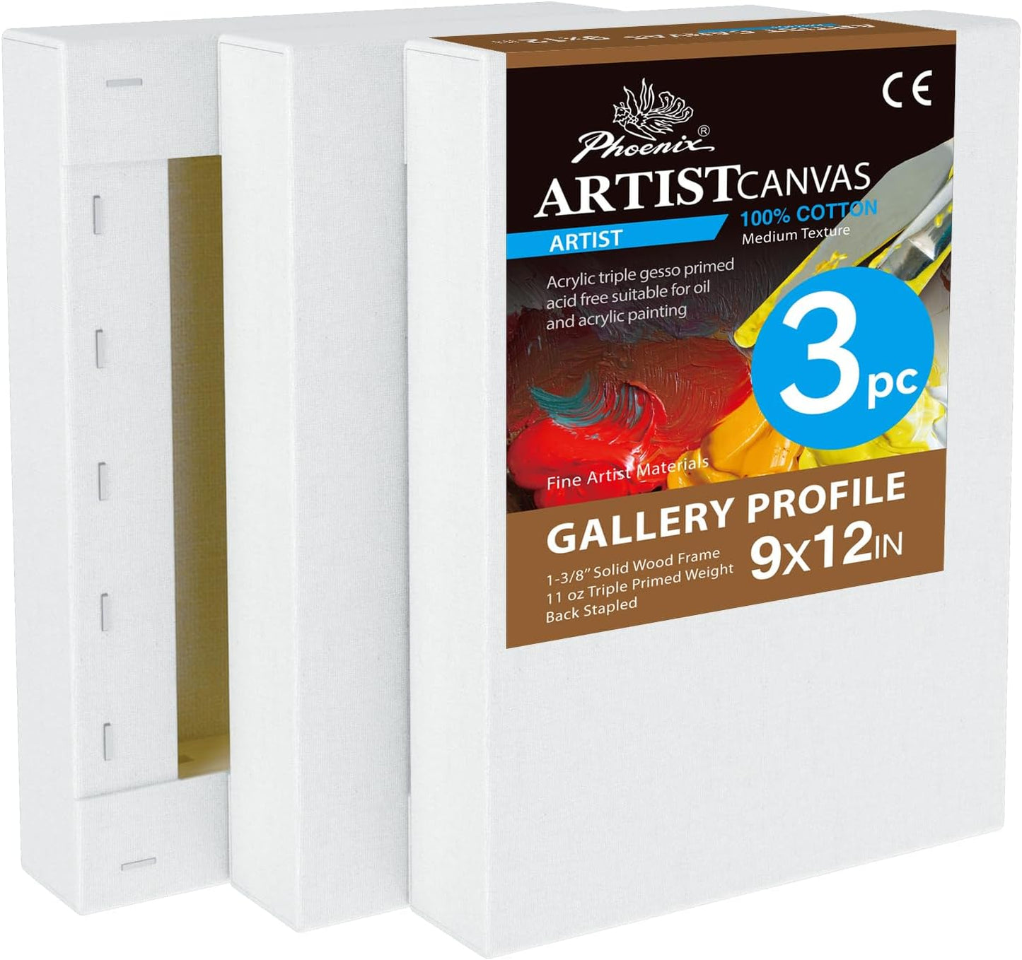 PHOENIX 9x12 Inch 3 Pack Gallery Canvas - 1.5 in Thick Canvases for Painting - Deep Edge 100% Cotton 11 Oz. Gesso Primed White Blank Professional Canvas Oil & Acrylic Paints
