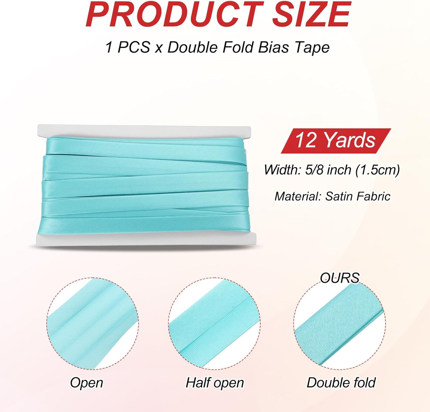 MECCANIXITY Double Fold Bias Tape for Sewing 5/8 Inch x 12 Yards Satin Pre-fold Continuous Binding Tape for Seaming Quilting Hemming Binding DIY Crafts, Sky Blue