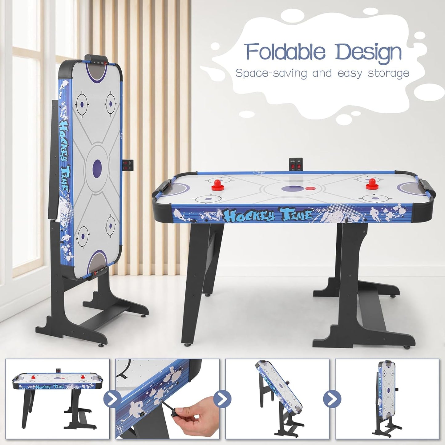 58" Foldable Air Hockey Table, Folding Indoor Hockey Game Table for Adults&Kids, Portable Arcade Game Set w/ 2 Pucks, 2 Pushers, LED Scorer, Powerful by 12V Motor for Game Room, Home, Office