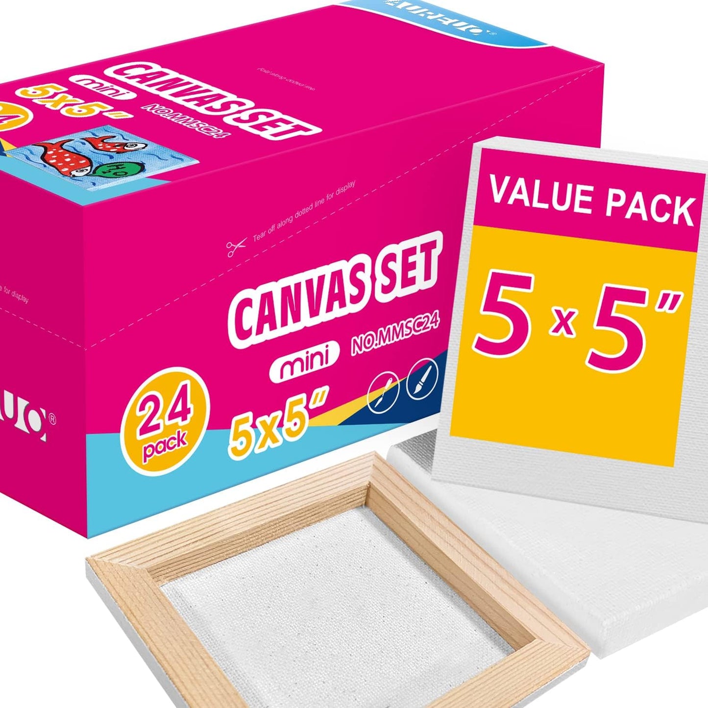 AUREUO Mini Stretched Canvas - 5x5 Inch/24 Pack - 2/5 Inch Profile Small Square Canvas - Gift Set Bulk Pack Canvases for Acrylic Painting & Craft