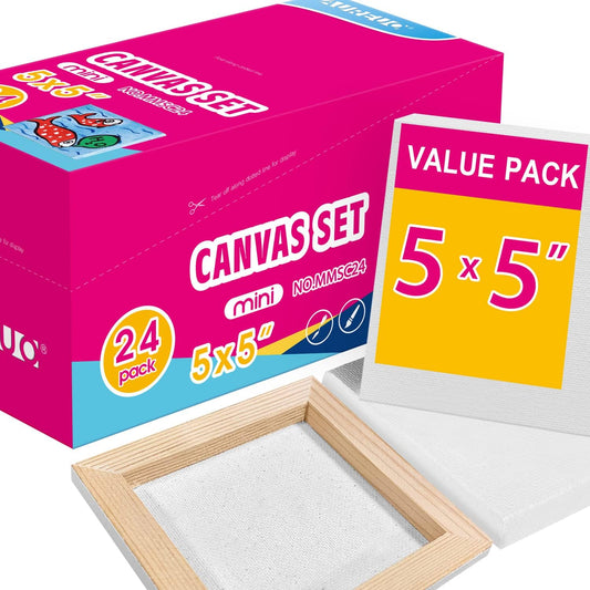 AUREUO Mini Stretched Canvas - 5x5 Inch/24 Pack - 2/5 Inch Profile Small Square Canvas - Gift Set Bulk Pack Canvases for Acrylic Painting & Craft