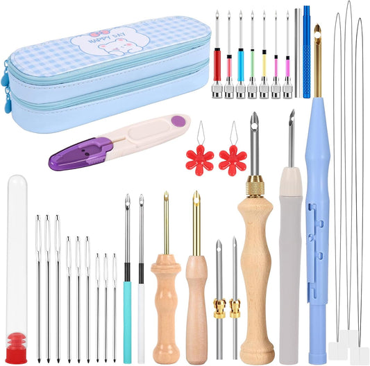 35Pcs Punch Needle Kit Adult Beginner, Adjustable Punch Needle Tool with Different Size Needles & Storage Case, Wooden Handle Embroidery Pen Set for Decoration, Gifts & DIY Craft Project