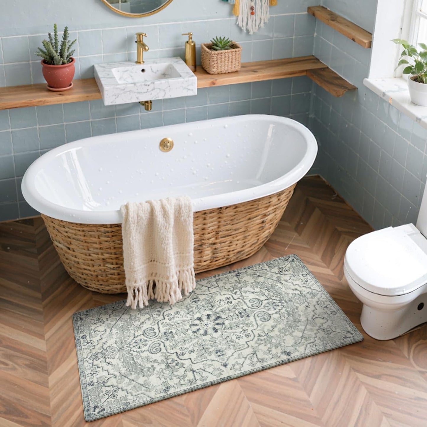 Lahome Bohemian Floral Medallion Runner Rug - 2x4 Beige Non Skid Laundry Room Rug Runner Hallway Runners, Distressed Soft Machine Washable Indoor Accent Carpet Runners for Bedside Entryway