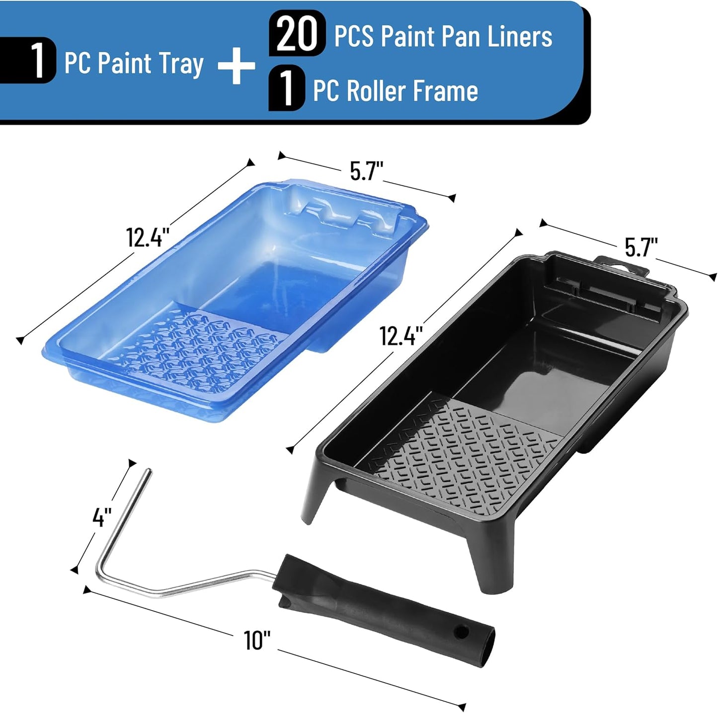 Bates- 4 Inch Paint Tray Set, 22 pcs, 1x 4 Inch Paint Roller Tray, 20x Disposable Plastic Liners & 1x Roller Frame, Black & Blue