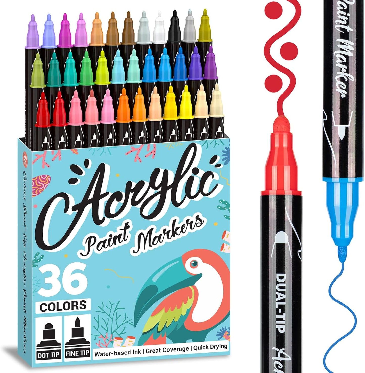 Dual Tip Acrylic Paint Pens 36 Colors Markers Set, New Acrylic Paint Markers, Art Supplies Set for Adults, Kids, Teen, Suitable for fabric, rock, wood, glass, ceramic and other DIY crafts