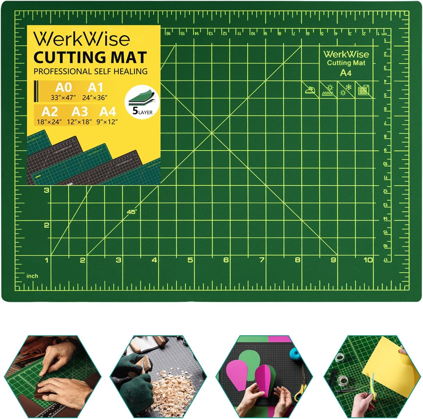 Thickness-Upgraded 9" x 12" Self Healing Sewing Mat, WerkWise Rotary Cutting Mat, Double Sided 5-Ply 9x12 Inch Cutting Board for Quilting, Fabric, & Crafts, Use with Rotary Cutters (Green & Black)