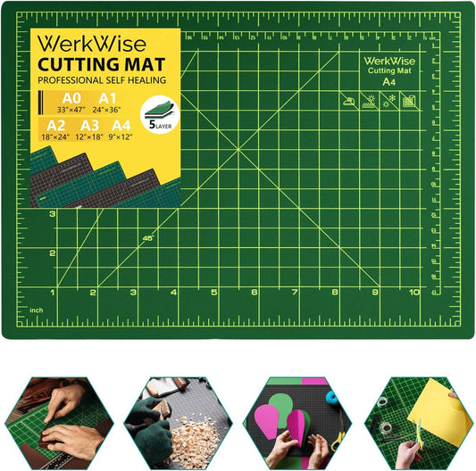 Thickness-Upgraded 9" x 12" Self Healing Sewing Mat, WerkWise Rotary Cutting Mat, Double Sided 5-Ply 9x12 Inch Cutting Board for Quilting, Fabric, & Crafts, Use with Rotary Cutters (Green & Black)