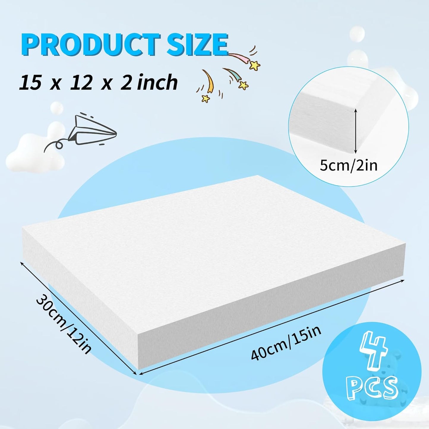 LuckyFoam White 4 Pack 15x12x2 inch Foam Sheets 2 Inch Thick Polystyrene Rectangles XPS Foam Board Craft for Insulating DIY Modeling Art Supplies