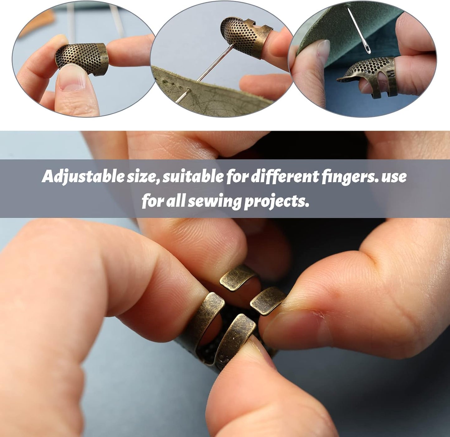 8 Pcs Hand-Working Sewing Thimble, Adjustable Metal Finger Protectors for Sewing, Leather Thimbles for Hand Quilting, Thimbles for Hand Sewing, Sewing Needles, Hand Embroidery Craft