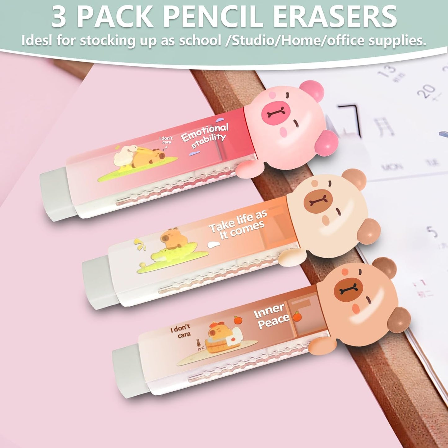 3Pcs Retractable Pencil Erasers, Cute Erasers,Kawaii Capybara Eraser,Suitable for School Home Office Supplies