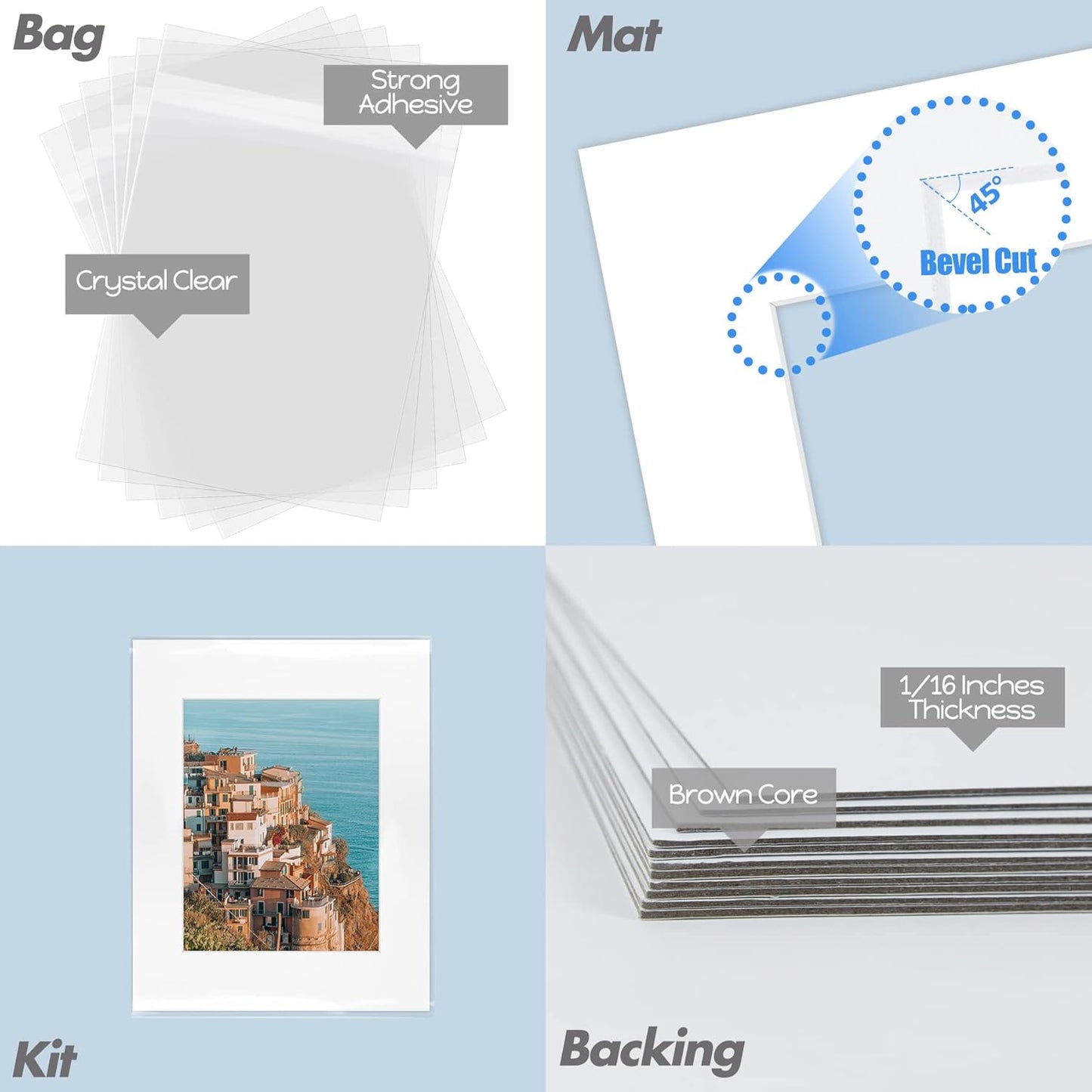Mat Board Center, Pack of 10, 16x20 for 11x14 White Picture Mat Sets - Acid Free, 4-ply Thickness, Bevel Pre-Cut White Core - Includes Backing Boards and Clear Bags - for Pictures, Photos, Framing