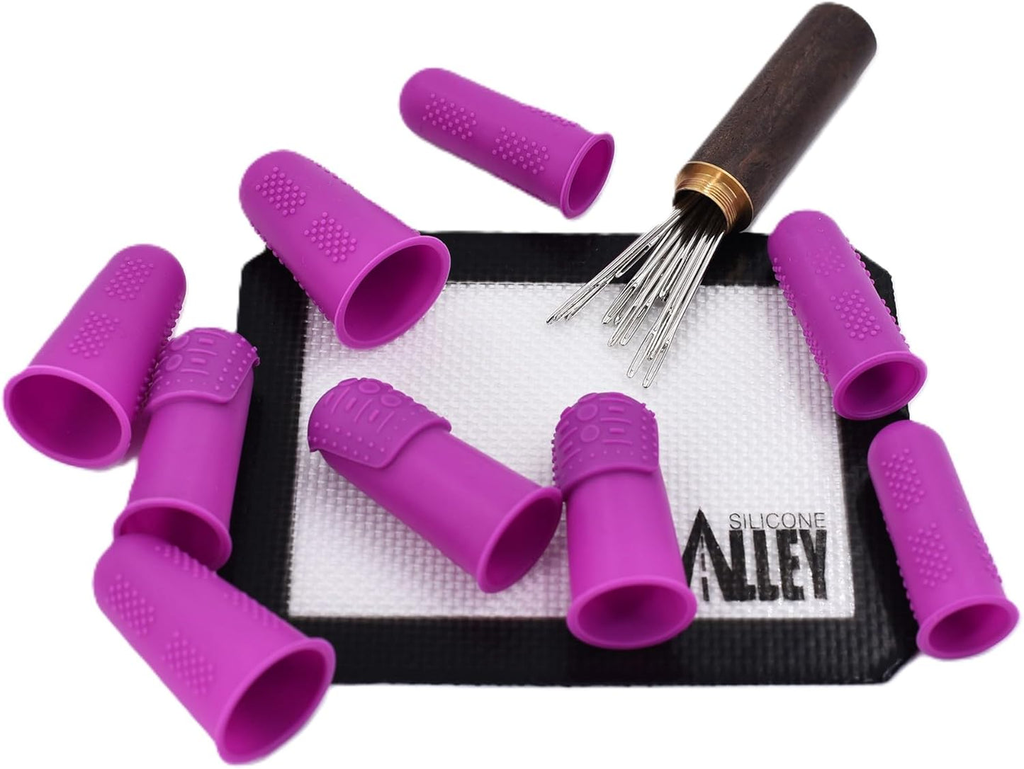 FLEX Thimbles | 9-Pack | 3X-Thick THIK-TIP Medium (3) + Standard Purple Finger Protectors 1x Thick - Small (3) and Large (3) | Mat (1) | Set of Large Eye Sewing Needles (1)