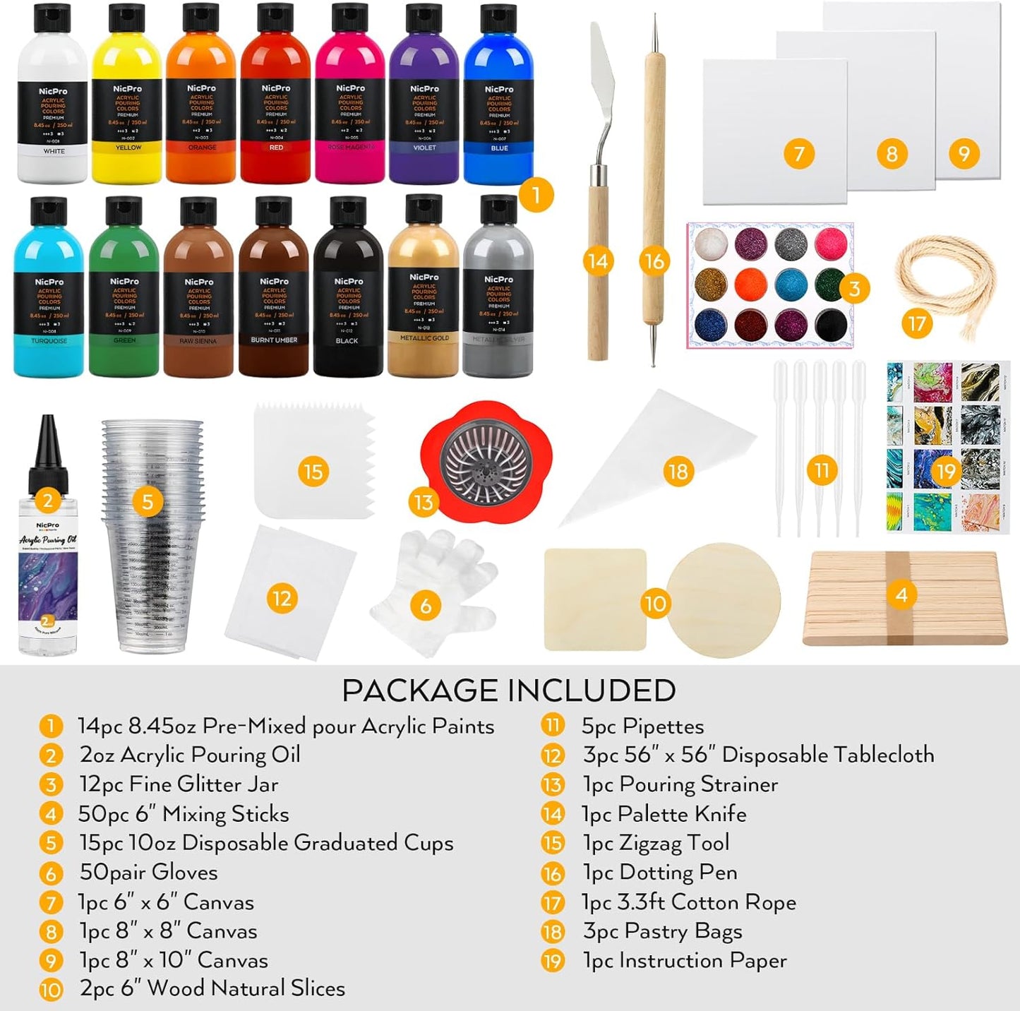 Nicpro 14 Colors 8.45oz Acrylic Pouring Paint Kit, Large Volume Premixed High Flow Pour Paints Supplies with Canvas, Wood Natural Slices, Pouring Oil, Gloves, Strainer, Cups for Beginner DIY Crafts