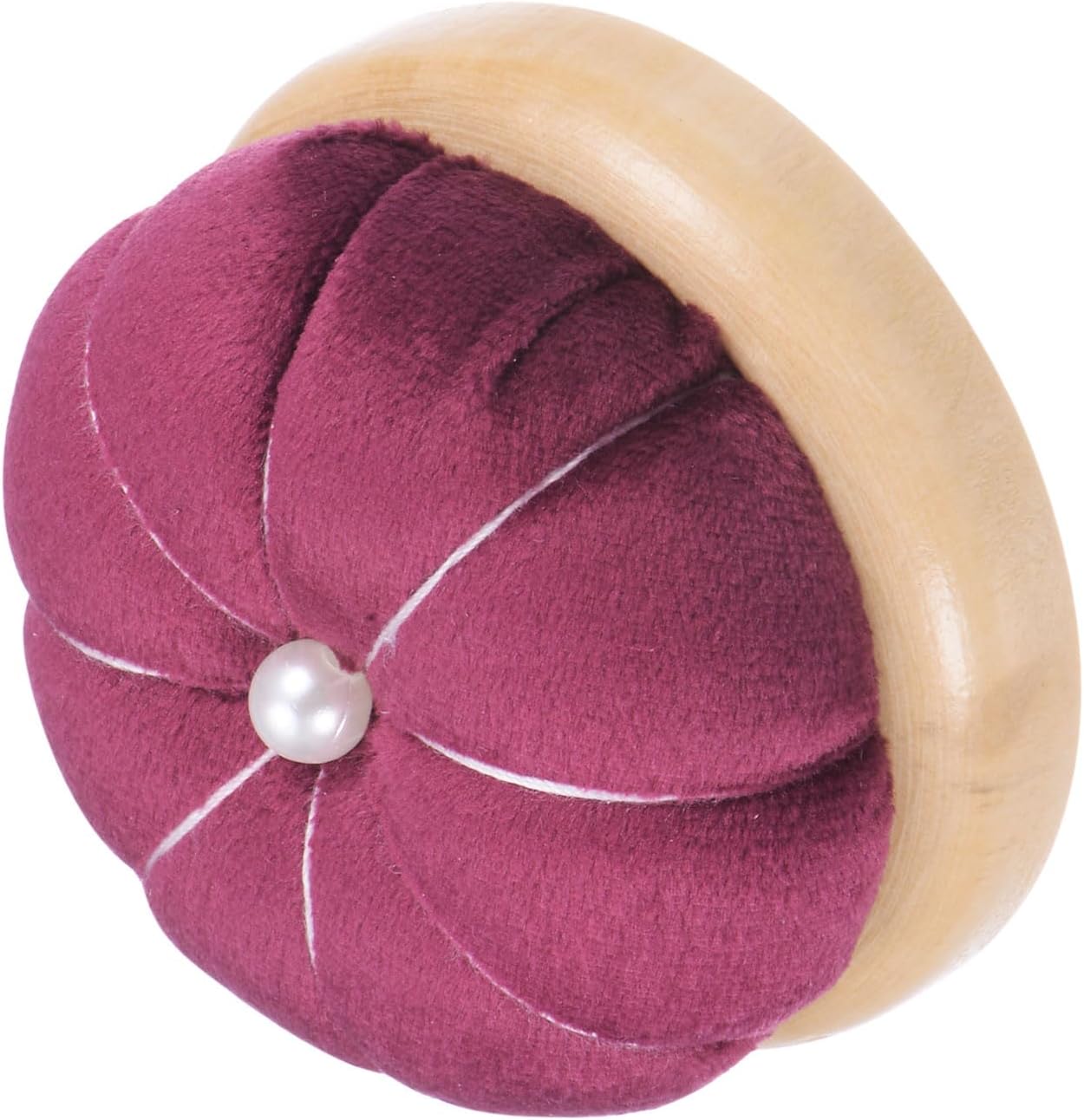HARFINGTON Wooden Base Pin Cushion Japanese Style Cute Needle Holder Pincushions Round for Sewing Quilting Needlework DIY Crafts, Dark Red