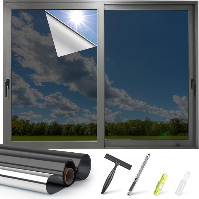 Kromapolis One Way Window Privacy Film Reflective Mirror Home Window Tint, Daytime Privacy Heat Control Anti UV Glass Tinting Static Cling (Black-Silver, 35.4 x 78.7 inch)