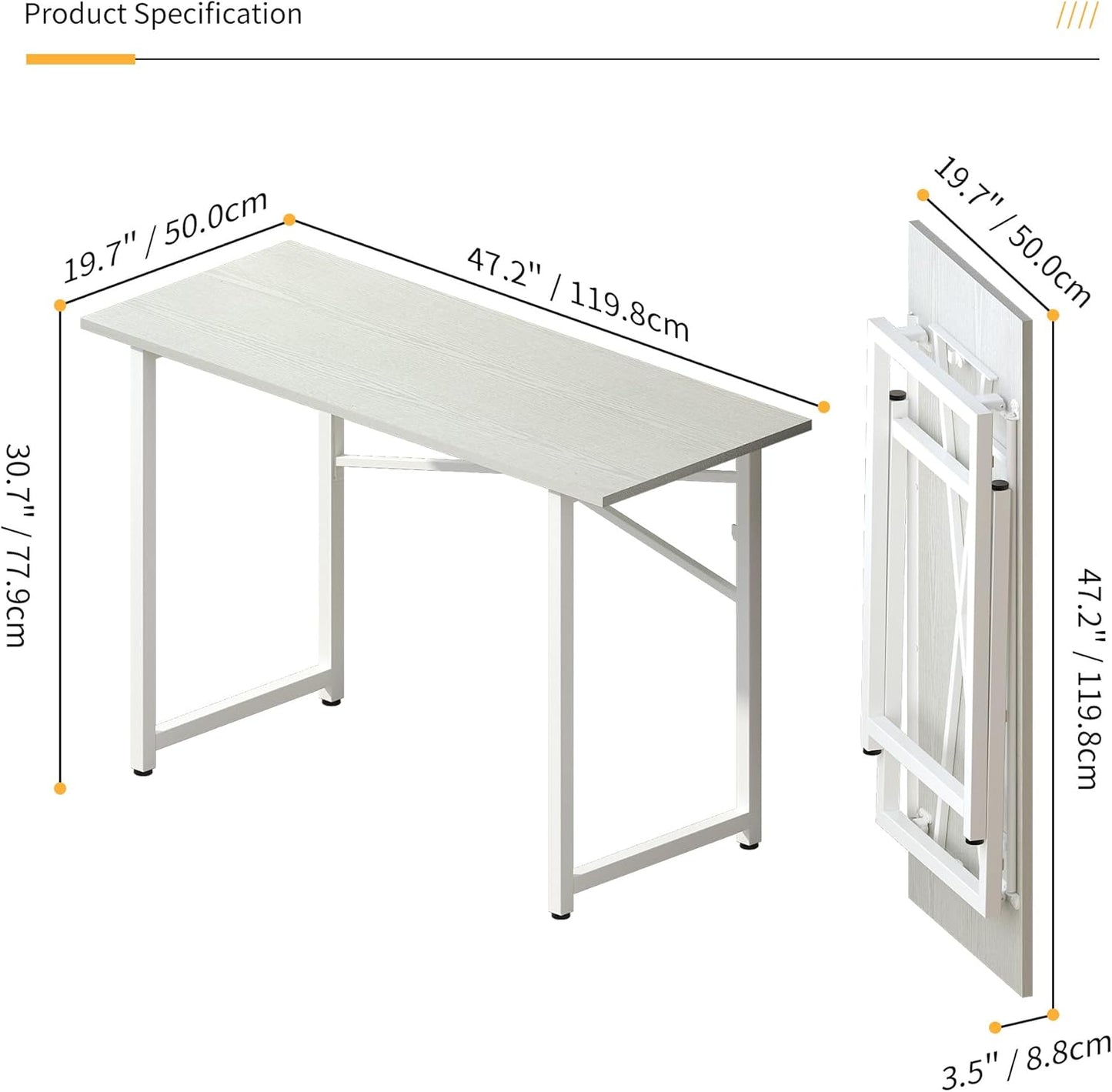 Folding Desk 47 inch No Assembly Required Home Office Table, Writing Gaming Computer Camping Desk, White