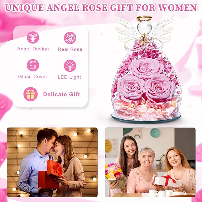 Beferr Valentines Day Rose Gifts for Her Women Mom Gifts for Birthday, Fresh Flowers for Delivery Forever Preserved Rose in Glass Angel Figurine, for Grandma Wife Daughter Girlfriend