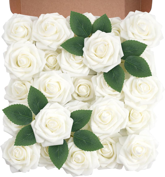 Artificial Flowers Foam Fake Roses 25pcs White Roses with Stems for Home Decor DIY Wedding Bouquets Party Bridal Shower Centerpieces Faux Flower Arrangements Tables Decorations