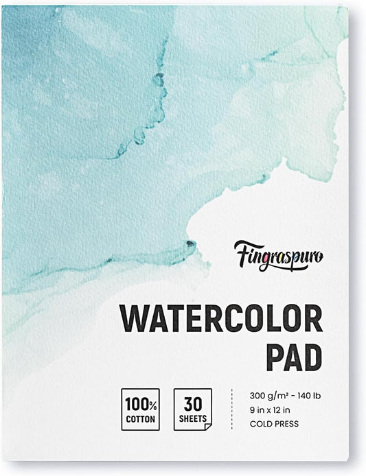 Fingraspuro Watercolor Paper Pad 9x12 Inch, 30 Sheets, 100% Cotton, Acid-Free, Cold Pressed, for Painting, Drawing, Art Journaling, Professional Artist Quality