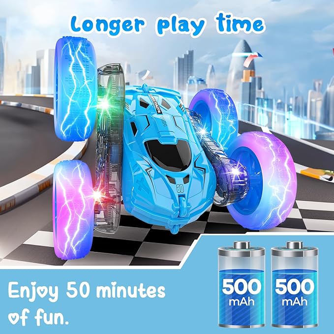 Remote Control Car for Boys Blue Double-Sided 360°Flip RC Cars, Colorful Lights, Multi-Terrain Driving and Rechargeable Battery RC Car,Toys for Ages 2-4,Suitable for Girls Boys Ages 4-12 Toys Gifts