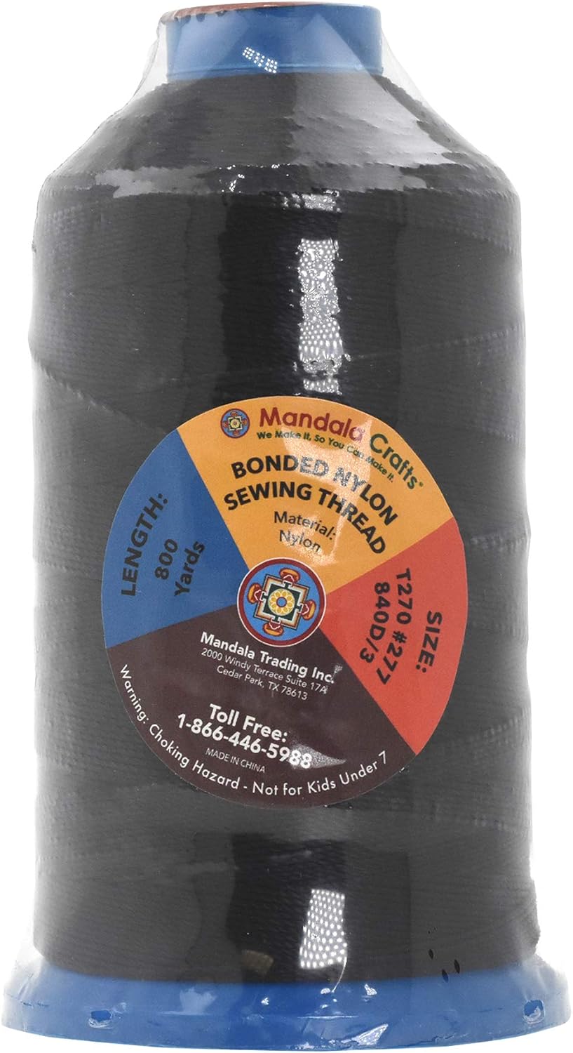 Mandala Crafts Bonded Nylon Thread Black Heavy Duty Sewing Threads - 800 YDs Size 277 840D T270 Tex 270 Thread for Leather Jeans Weaving Outdoor Marine Upholstery Threads