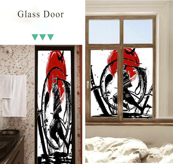 Japanese Samurai Decorative Window Film Watercolor Ink Samurai Sword Red Sun Printdining Room Window Film,Dorm Room Glass Film 17.7Wx23.6L-Inch X2Pcs