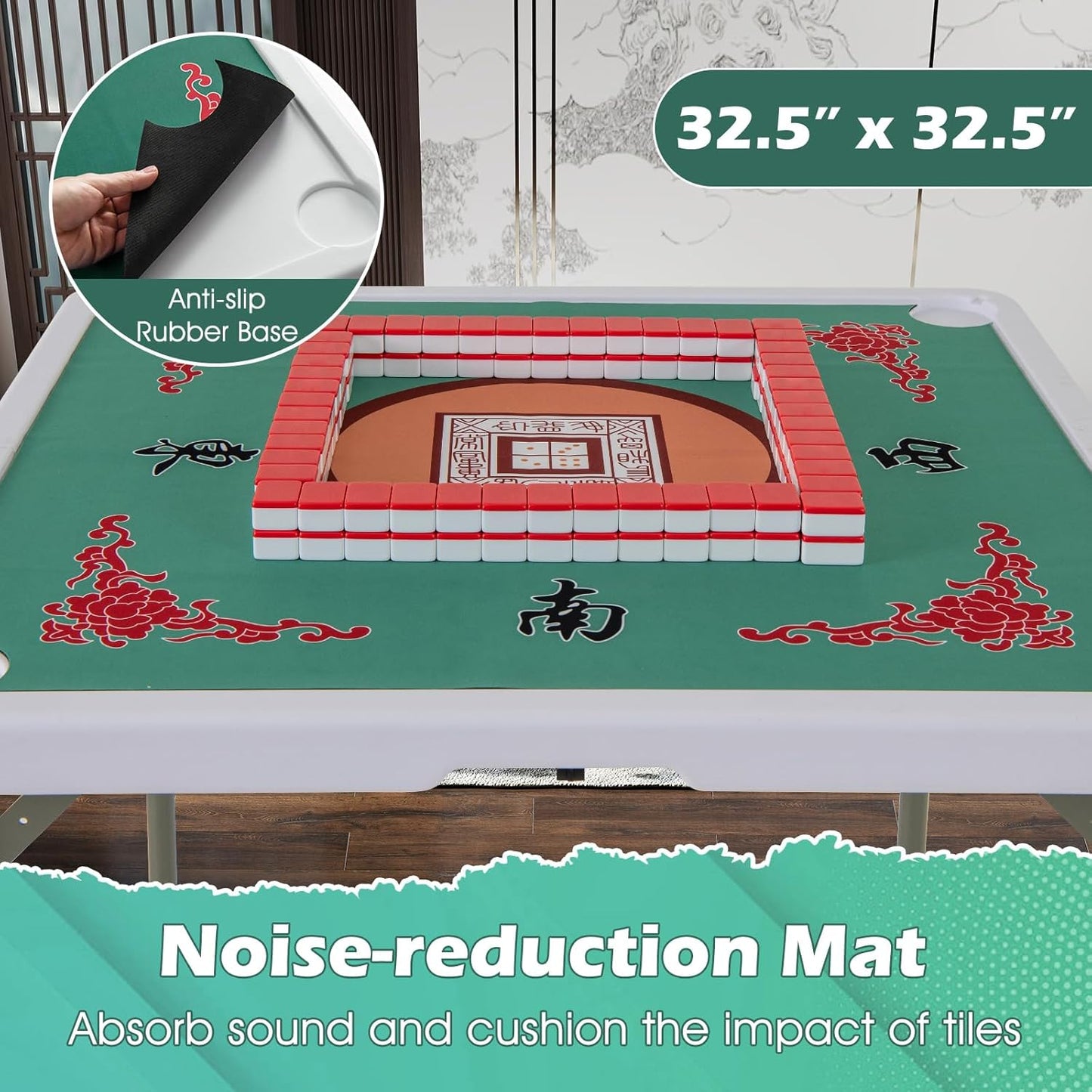 Giantex Folding Mahjong Table, 35" Square Card Table with Cup Holders, Removable Noise Reduction Mat, HDPE Tabletop, 4-Player Portable Domino Tables for Poker Blackjack Board Game (Green)