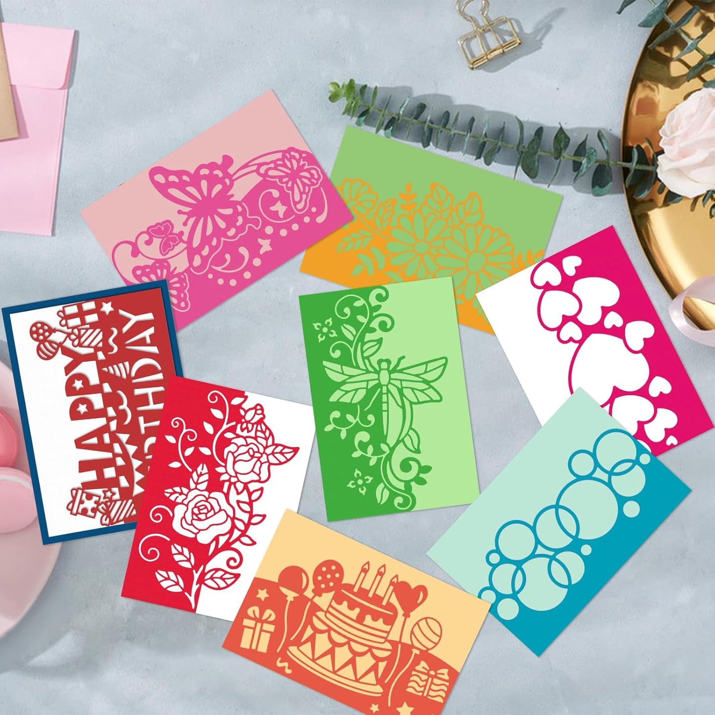 9PCS Die Cuts for Card Making Metal Cutting Dies Flower Butterfly Dragonfly Bird Bubbles Love Heart Happy Birthday Cake Cutting Embossing Stencil Template DIY Paper Cards Album Decoration