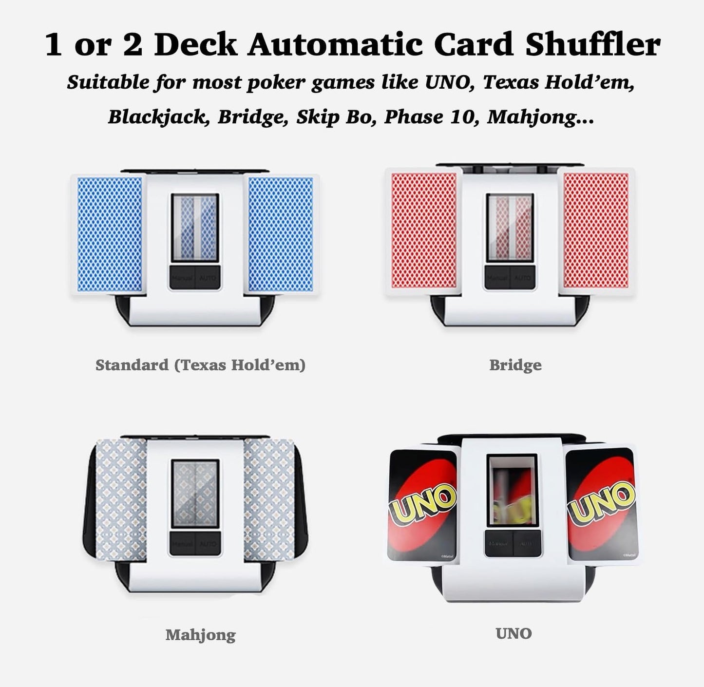 Automatic Card Shuffler, 1-2 Deck Playing Cards Shuffler, One Press Auto or Manual Shuffling Machine, Quiet for UNO Blackjack Bridge Phase 10 Skip-Bo, Rechargeable Portable for Travel, No Jams