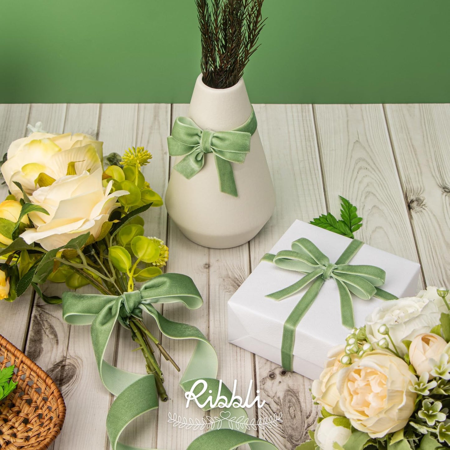 Ribbli Sage Green Velvet Ribbon 3/8 Inches Continuous10 Yard Spool Green Christmas Ribbon for Gift Wrapping Crafts Home Decor