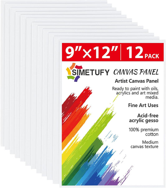 Simetufy 12 Pack 9 x 12 inch Canvas Boards for Painting Canvas Panels- Gesso Primed Acid-Free 100% Cotton for Acrylics Oil Watercolor Tempera Paints