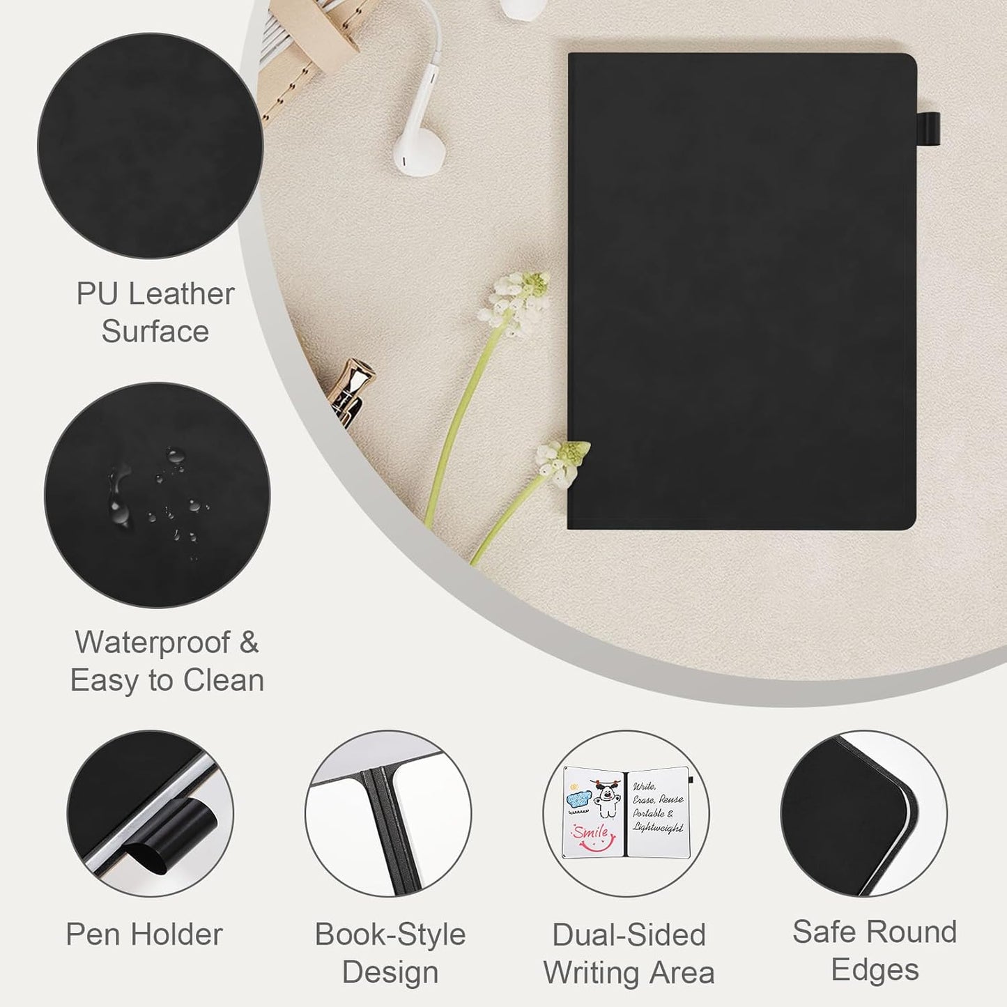 AGM Portable White Board Dry Erase Notebook, 12" x 9" Double Sided Folding Whiteboards with 3 Pens, Small Travel Dry Erase Board Skin-Friendly Material for Study, Meeting, Planning, Dark