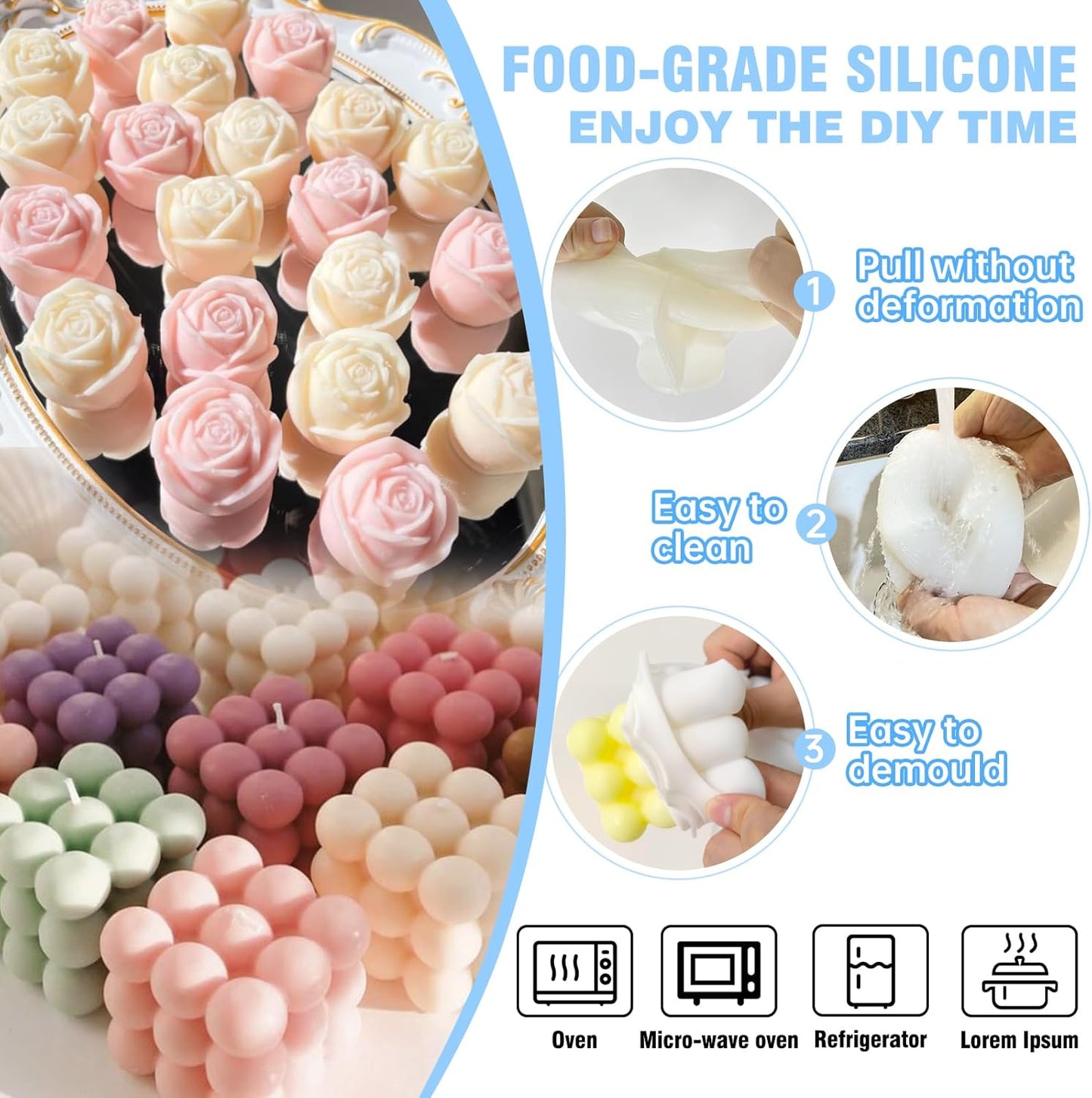 JDH 6Pcs Silicone Candle Molds Set for Candle Making,Yarn Ball Bubble Candle Molds, 3D Rose Silicone Mold,Cake Mold for Baking Desser Soap Casting Home Decor,for Soy Wax, Soap, DIY Scented Candle