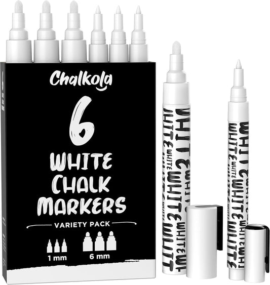 Chalkola White Chalk Markers - White Dry Erase Liquid Chalk Pens for Chalkboard, Blackboard, Window, Bistro, Car Glass, Board, Signs - Variety Pack of 6 - (3x) 1mm & 6mm