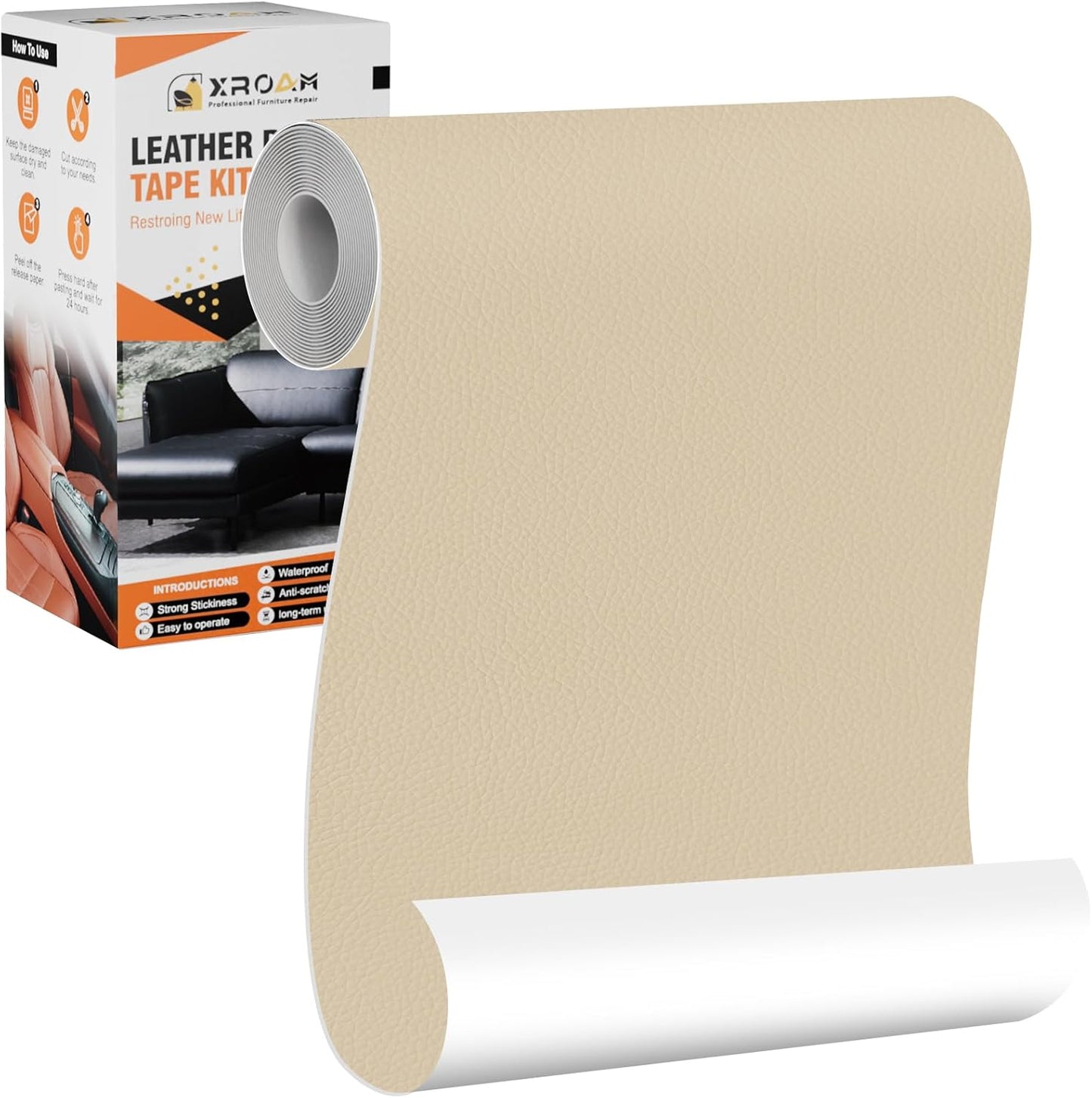 Leather Repair Tape, 4.7x63 inch Leather Patches for Furniture, Self Adhesive Leather Repair Patch for Sofas, Couches, Leather Covers, Seats, Chairs, Vinyl Repair Tape Beige