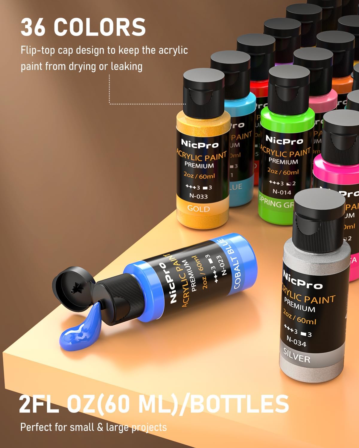 Nicpro 36 Colors Acrylic Paint Set with 12 Brushes & Palette, Non Toxic Art Supplies Kit for Fabric Painting, Canvas, Clay, Wood, Rock & Ceramic, Rich Pigments for Beginners, Students & Professional Artist (2 oz, 60 ml)