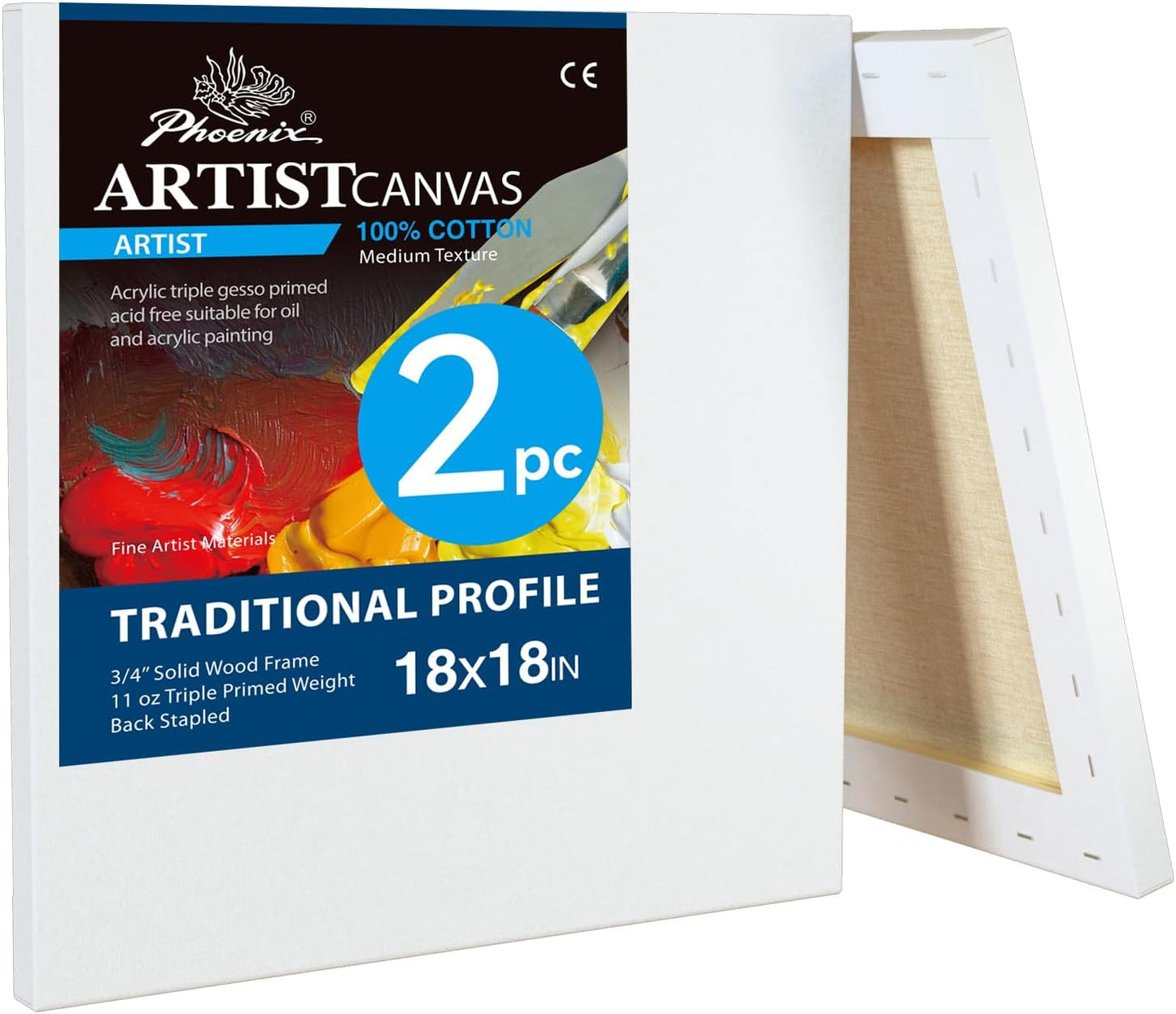 PHOENIX 18x18 Inch 2 Pack Artist Canvas - Large Square Stretched Canvases for Painting - 3/4 Inch Profile, 100% Cotton 11 Oz. Gesso Primed White Blank Professional Canvas Oil & Acrylic Paints