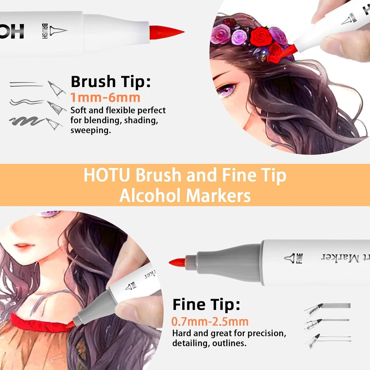 Alcohol Markers Brush and Fine Tip 50 Colors Dual Tips Art Marker Set Alcohol-based Sketch Pens with Carrying Case，Non-Bleeding Pad for Art Enthusiast Adults Coloring Illustration