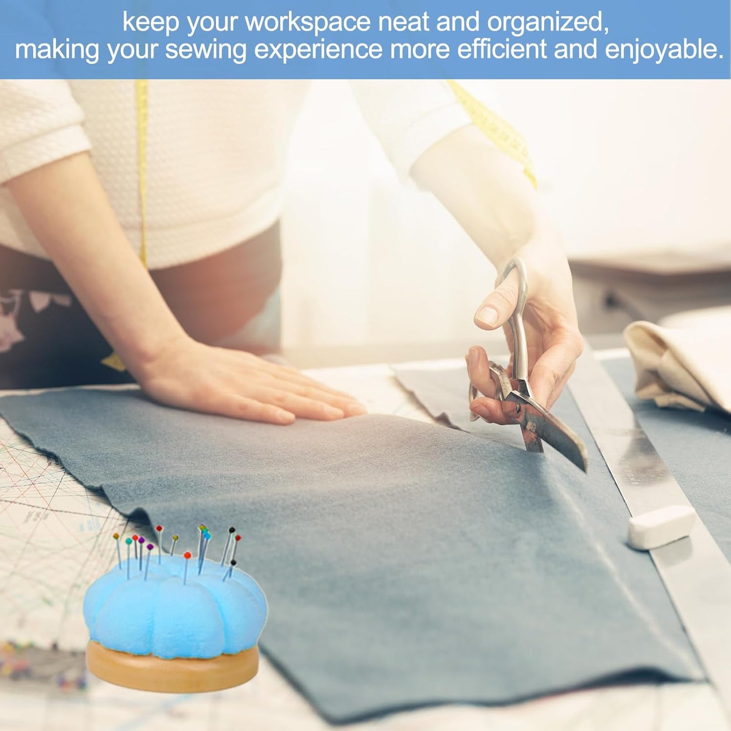 Hilltian Pin Cushion for Sewing, Wooden Base Sewing Pincushion with 100 Plastic Head Pins, Cute Pins Holder for Sewing Quilting, Light Green (Sky Blue)