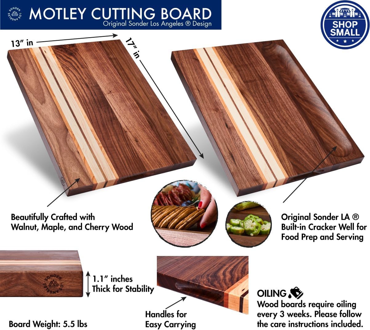 Sonder Los Angeles, Large Walnut/Cherry/Maple Wood Cutting Board for Kitchen, Charcuterie Wooden Board, Sorting Compartment, Reversible 17x13x1.1 in (Gift Box Included)
