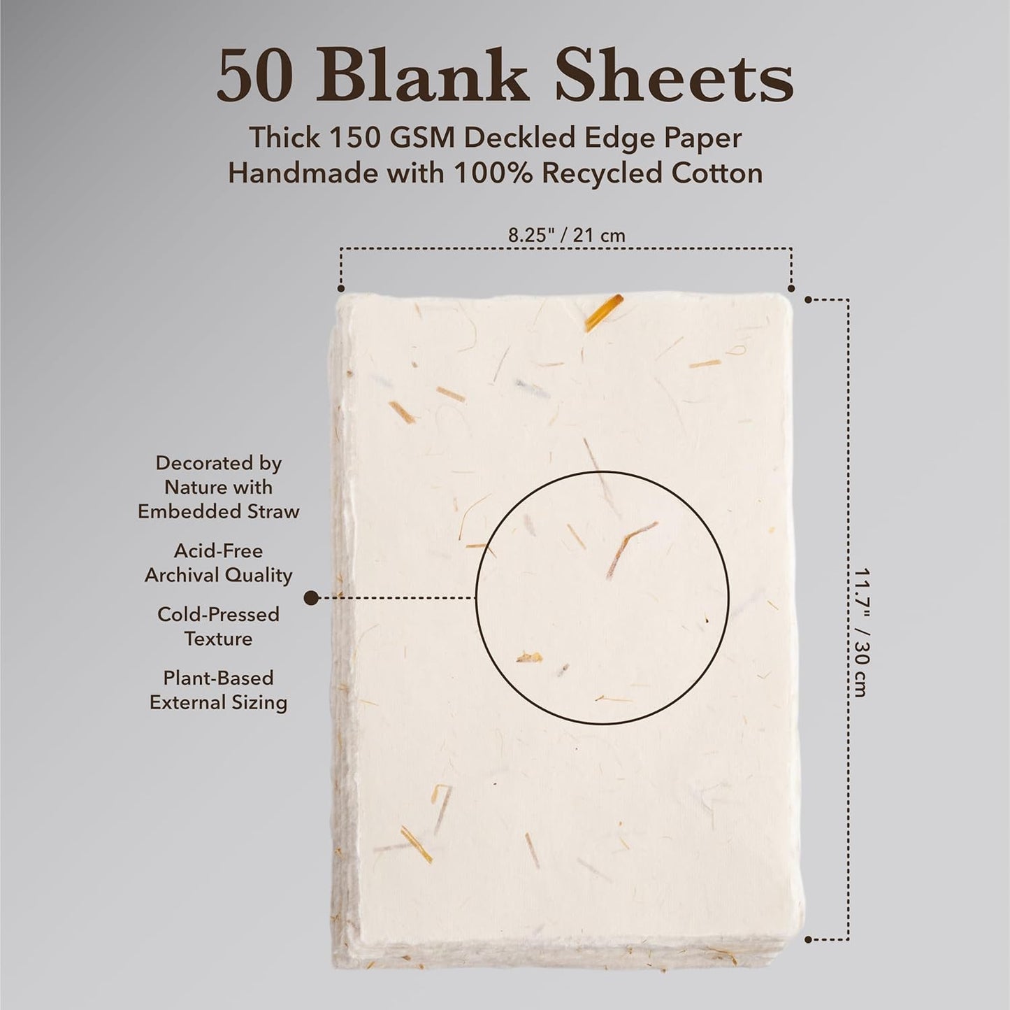 Wanderings A4 Handmade Paper with Deckled Edge and Embedded Straw - 8.3" x 11.7", 150 GSM, 50 Sheets Textured Paper - Perfect for Light Watercolor, Drawing, Writing, Printing & Mixed Media