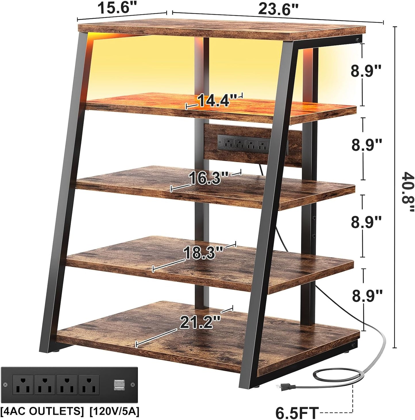 Armocity 5-Tier AV Media Stand with Power Strips, Media Console with LED Lights, Audio Tower Rack with Adjustable Shelves, Stereo Stands and Racks, 40.8'', Rustic Brown