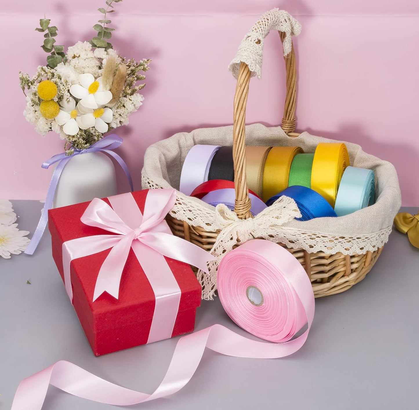 1 Inch Pink Solid Satin Ribbon, 50 Yards Craft Fabric Ribbon for Gift Wrapping Floral Bouquets Wedding Party Decoration