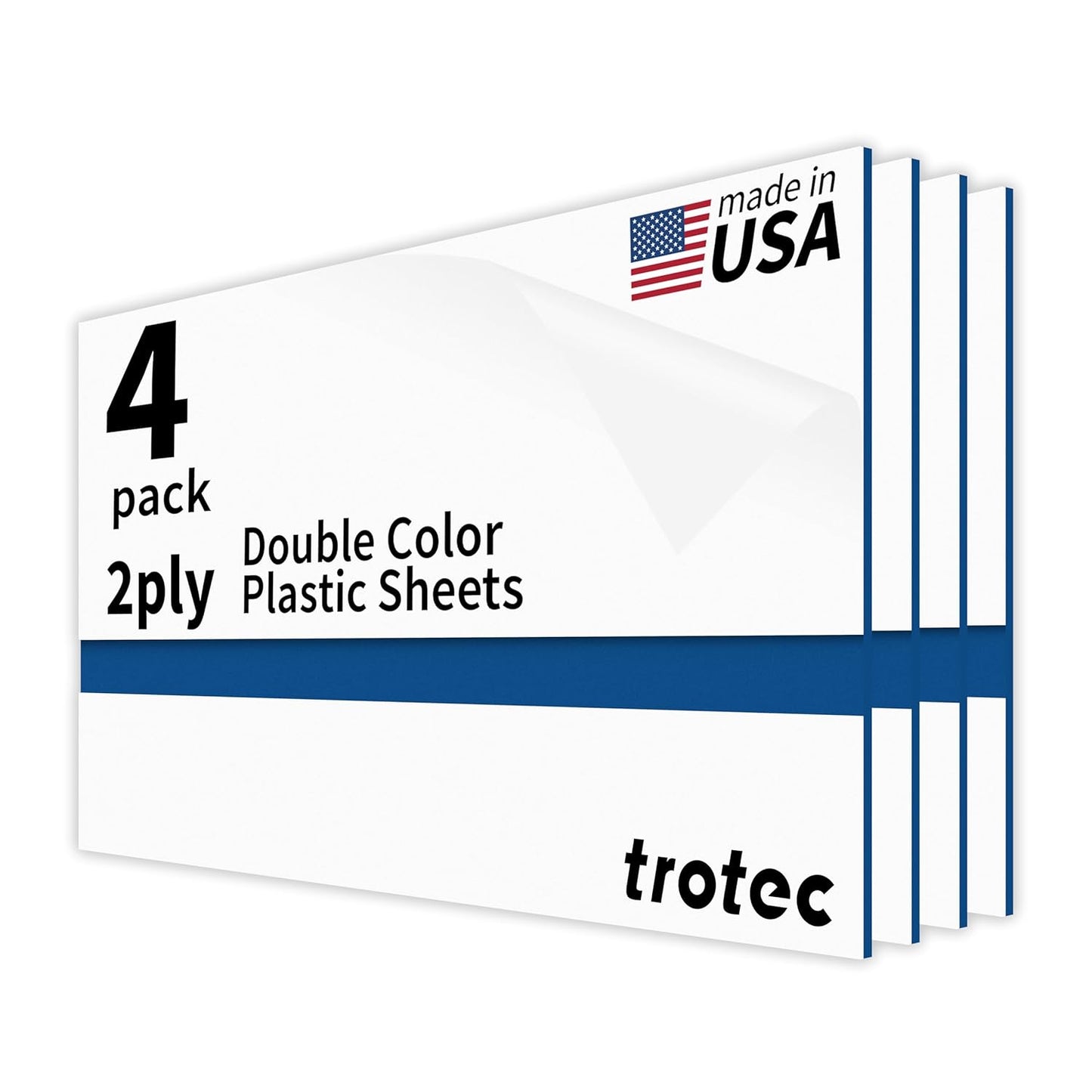 Trotec TroLase | 12"x24"x1/16", 4 Pcs | White/Blue | 2 Ply | Modified Acrylic | Laser Engraving Double Color Plastic Sheet | Engraving Blanks for Laser, Saw, Guillotine | Made in USA
