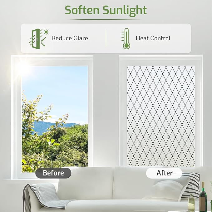 LUTE Frosted Window Privacy Film, Static Cling UV Sun Blocking Heat Control Window Cover, Removable Non-Adhesive Glass Sticker Vinyl Decorative Bathroom Frosting Decals, Black Lattice, 23.6" x 118.1"
