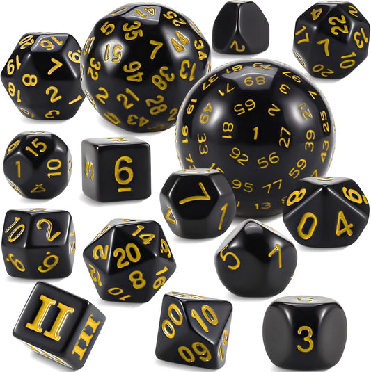 CiaraQ DND Polyhedral Dice Set (15pcs) D4-D100 Game Dice with Dice Bag for Dungeons and Dragons Role Playing Table Games (Black & Yellow)