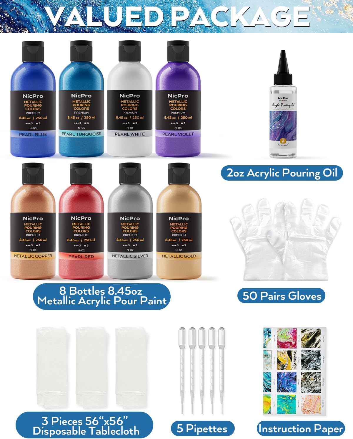 Nicpro 8 Colors 8.45oz Metallic Acrylic Pour Paint Supplies Kit, Large Volume Ready to Pour Premixed High Flow Pouring Paint Set with Silicone Pouring Oil, Gloves, Instructions for Beginner DIY