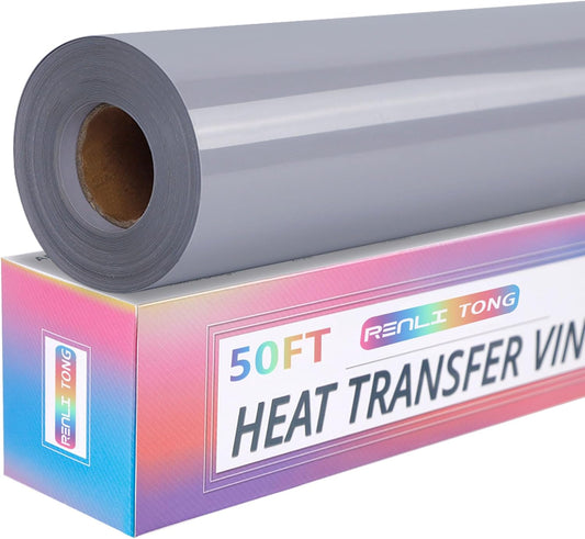 RENLITONG Grey Iron on Vinyl 12Inch by 50ft Roll HTV Heat Transfer Vinyl for T-Shirt HTV Rolls for All Cutter Machine - Easy to Cut & Weed for Heat Transfer Design