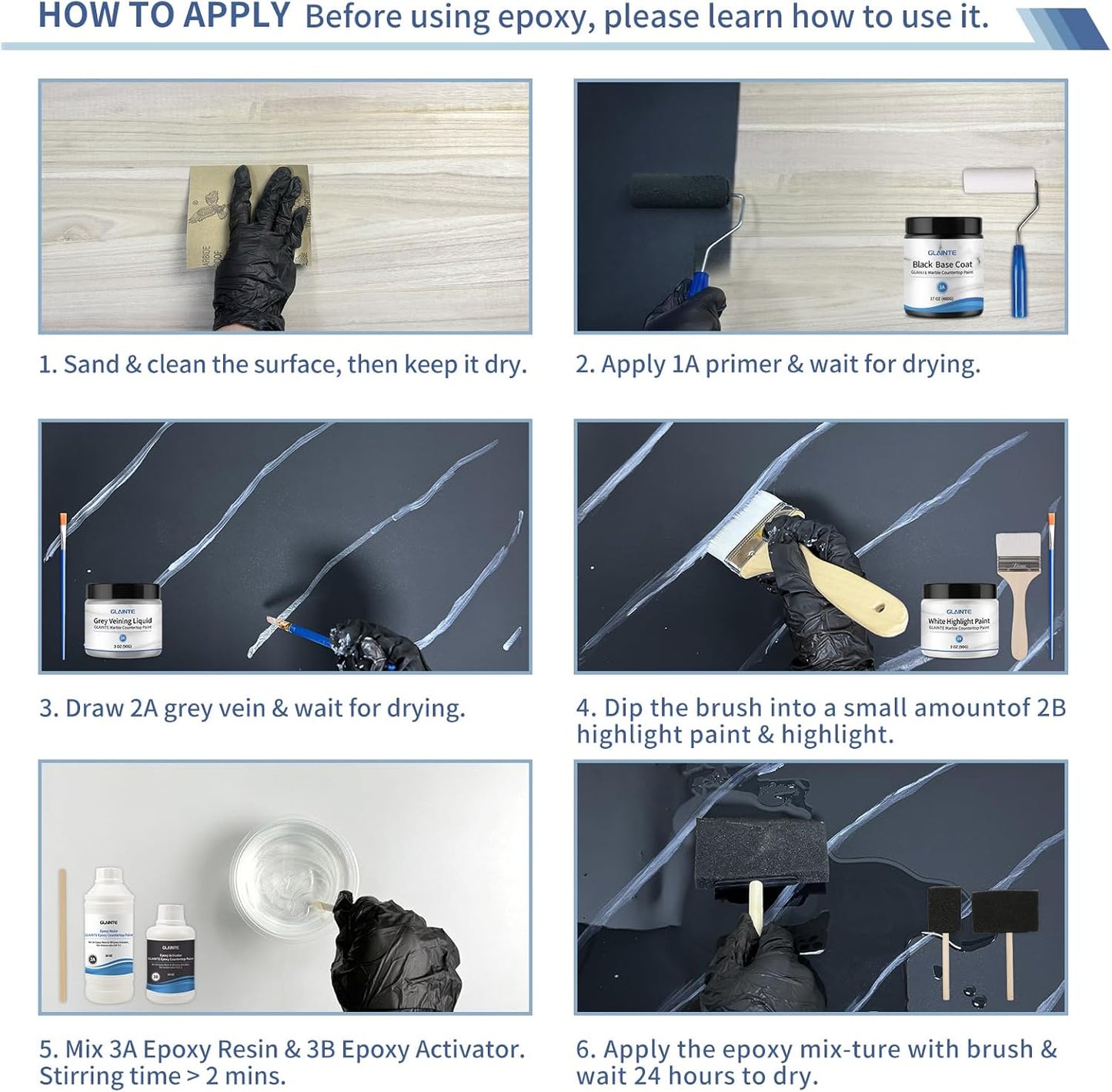 GLAINTE Black Marble Countertop Paint Kit Epoxy Countertop Refinishing Paint Kit, Kitchen Bathroom Coating For Marble, Granite, Formica, Laminate Cover 38 Sq.Ft