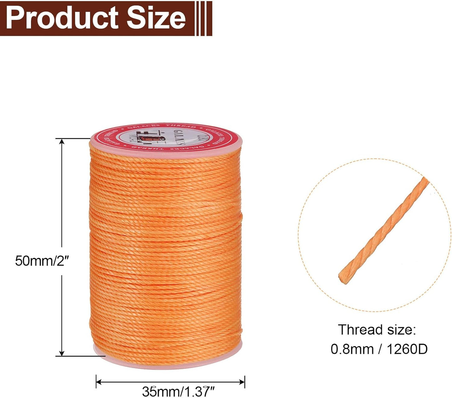 uxcell Round Leather Sewing Waxed Thread, 55m / 60 Yards Wax Polyester String, 0.8mm Waxed Stitching Cord for Leather Crafts, Bookbinding, Bracelets Braided, Orange